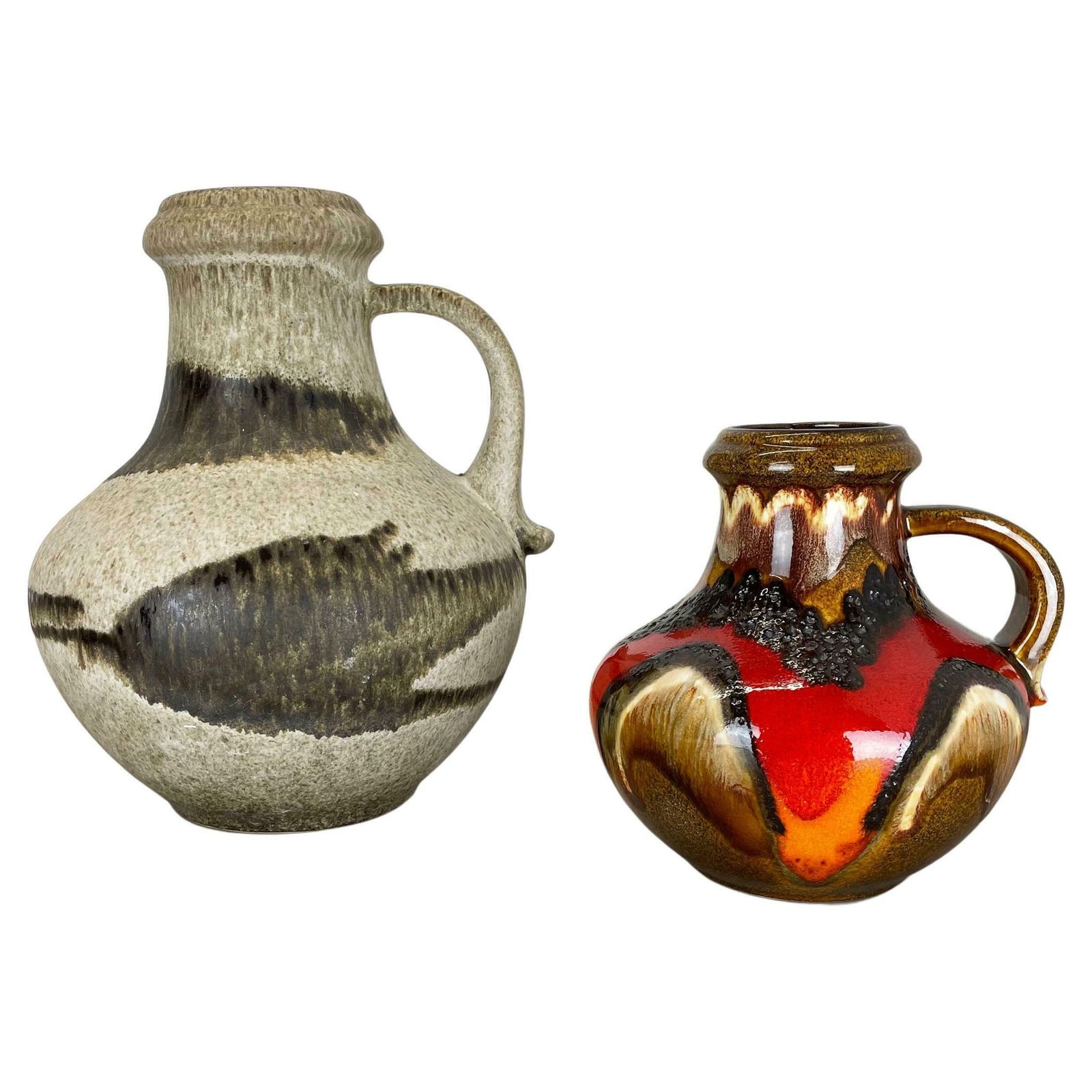 Set Of Two Pottery Fat Lava Vases Multi Colour By Scheurich Germany 1970s
