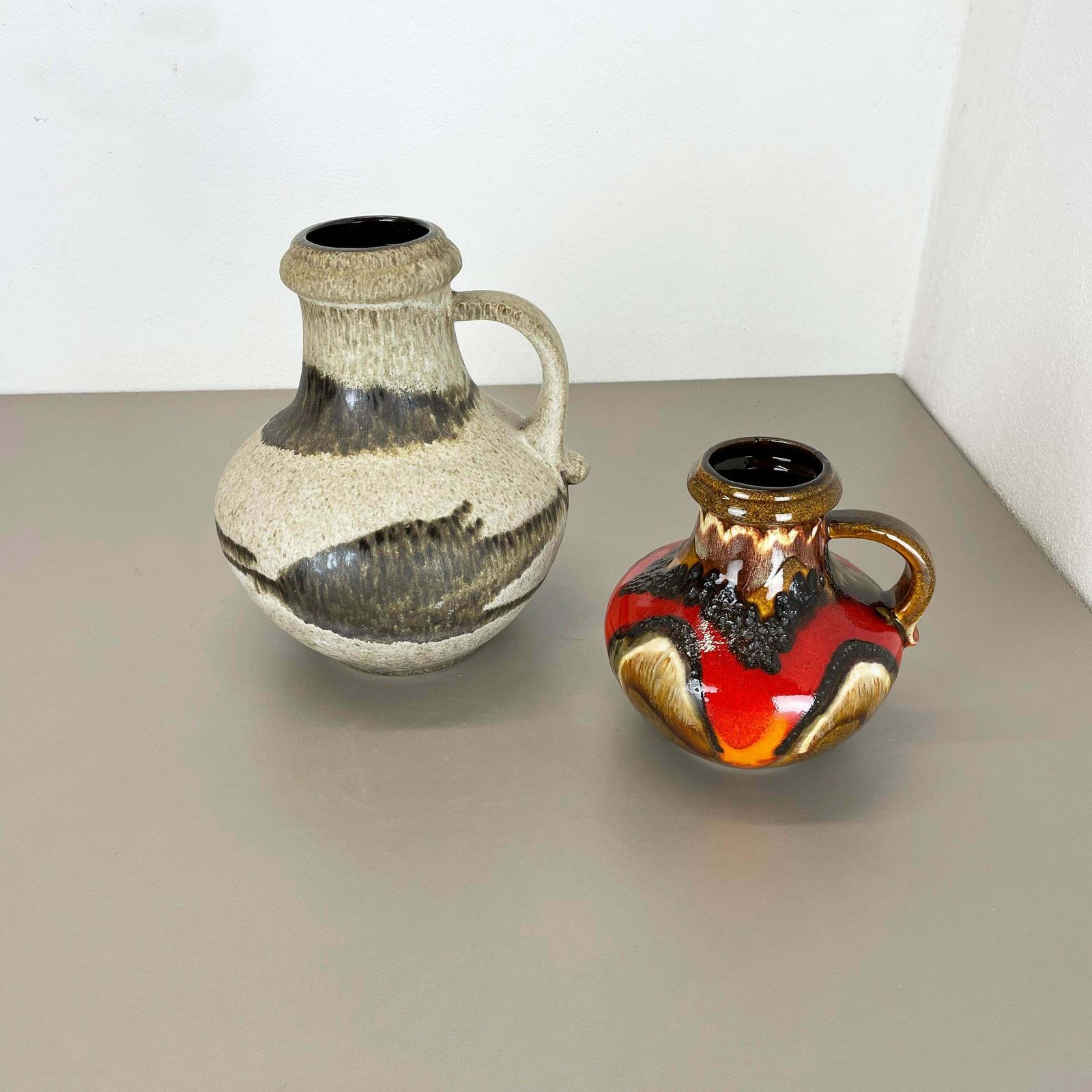 Set Of Two Pottery Fat Lava Vases Multi Colour By Scheurich Germany 1970s photo Home Decor