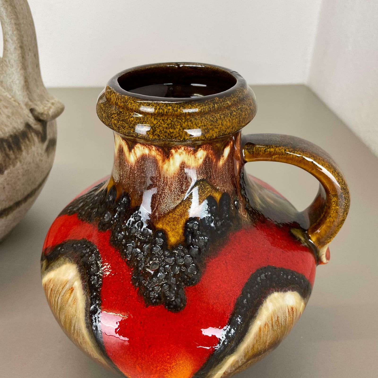 photo for sale Set Of Two Pottery Fat Lava Vases Multi Colour By Scheurich Germany 1970s