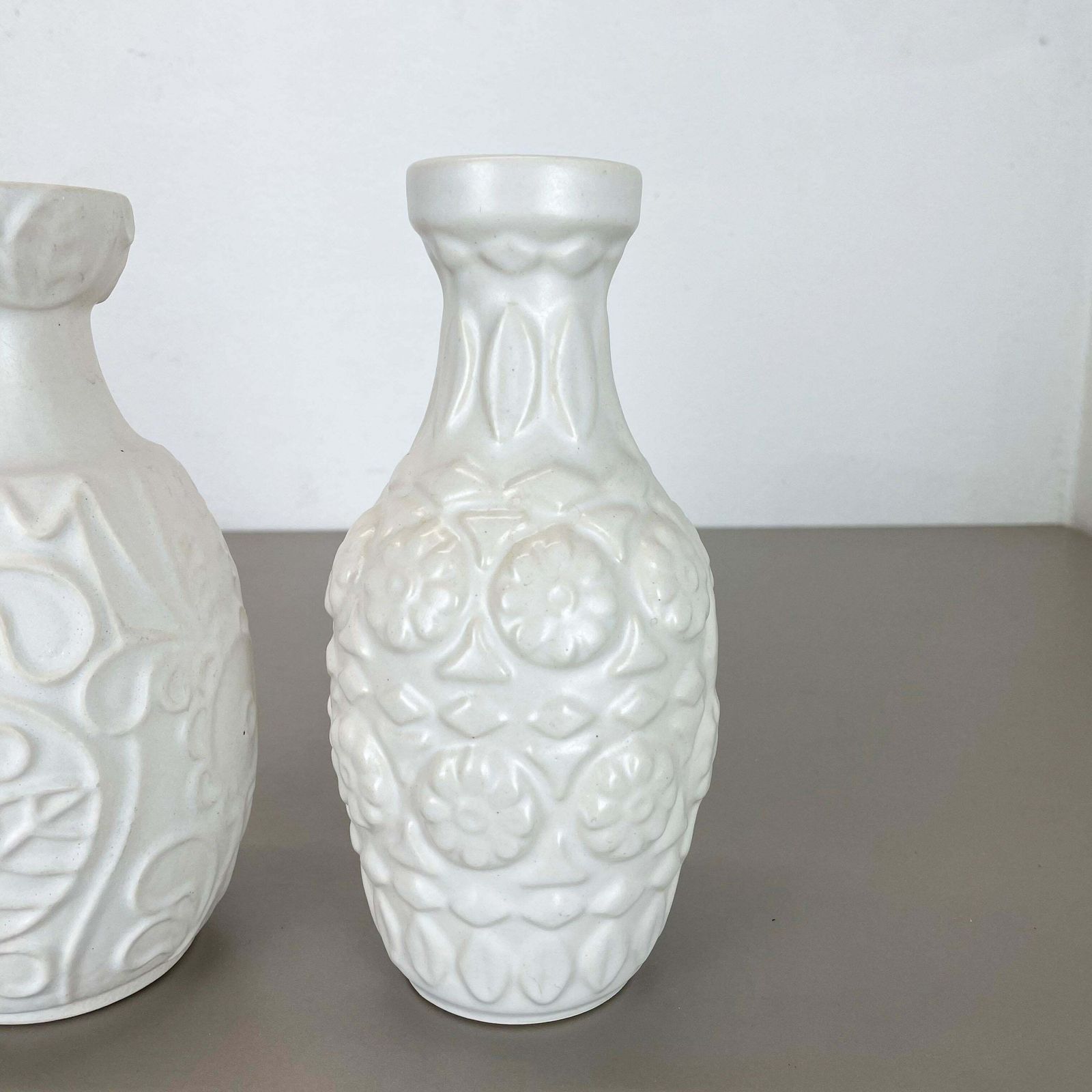 photo for sale Set Of 2 White Floral Fat Lava Op Art Pottery Vase Made Bay Ceramics, Germany