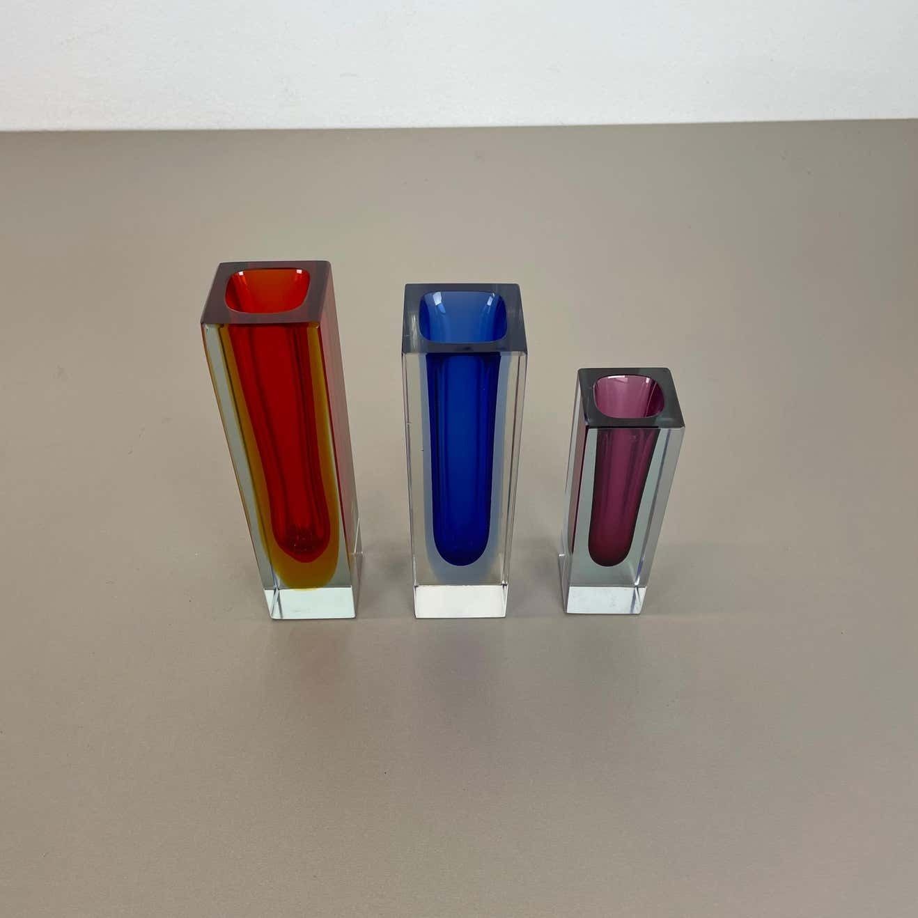 Rare Set Of 3 Multicolor Faceted Murano Glass Sommerso Cube Vases, Italy, 1970s photo for sale