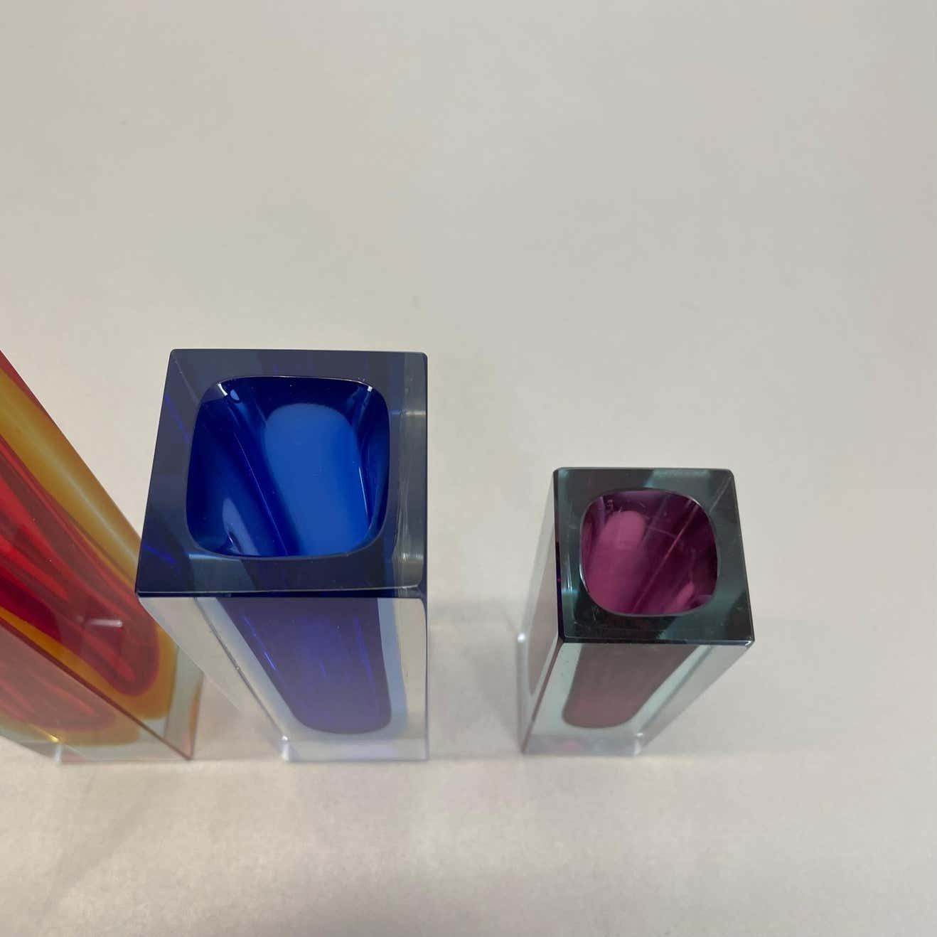 Rare Set Of 3 Multicolor Faceted Murano Glass Sommerso Cube Vases, Italy, 1970s photo 814.0