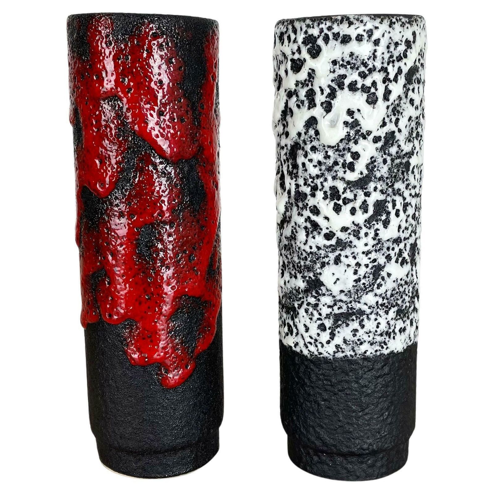 Set Of Two Pottery Fat Lava Vases Black Red White By Jopeko  Germany 1970s
