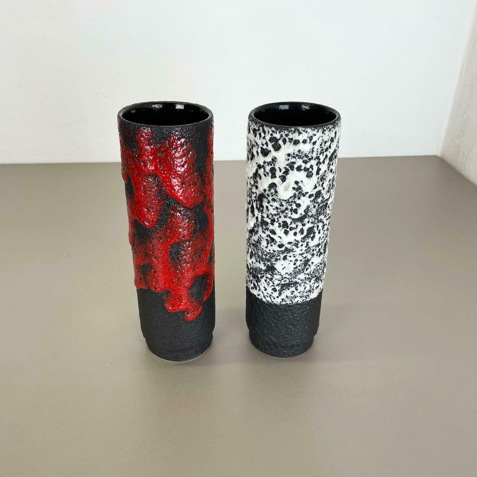 Set Of Two Pottery Fat Lava Vases Black Red White By Jopeko  Germany 1970s photo for sale