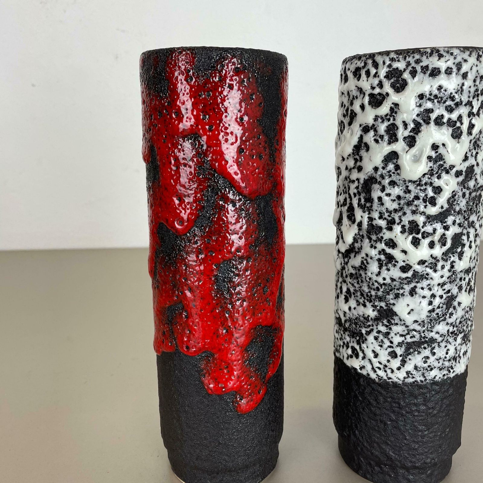 Set Of Two Pottery Fat Lava Vases Black Red White By Jopeko  Germany 1970s photo vinterior