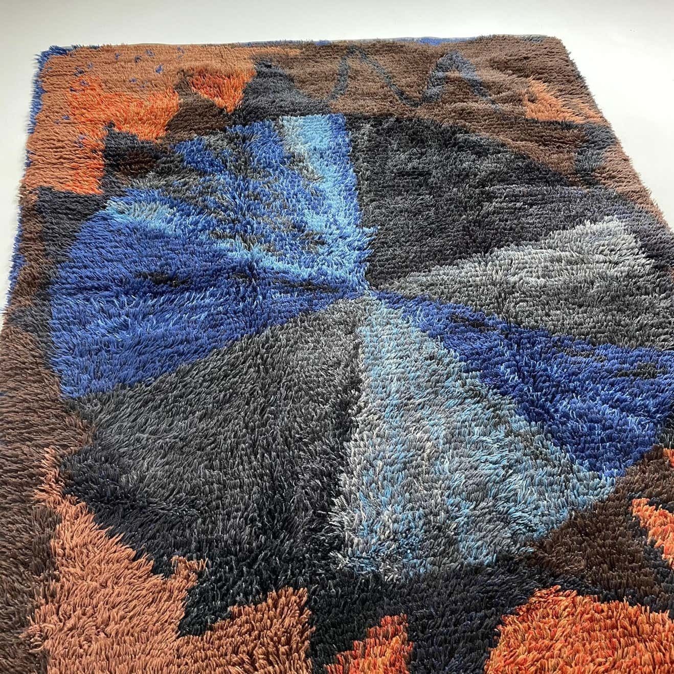 photo for sale Abstract Scandinavian Multicolor High Pile Rya Rug Carpet, Sweden, 1960s