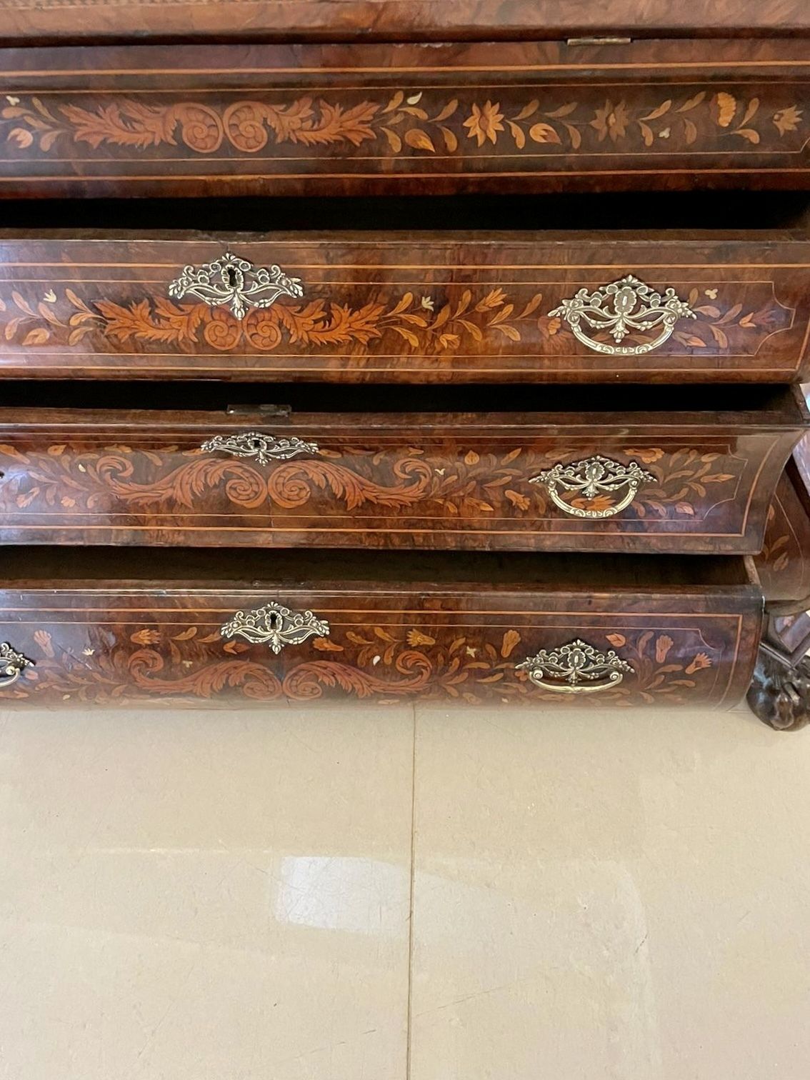 Furniture Antique 18th Century Quality Burr Walnut Floral Marquetry Inlaid Bombe Shaped Bureau photo