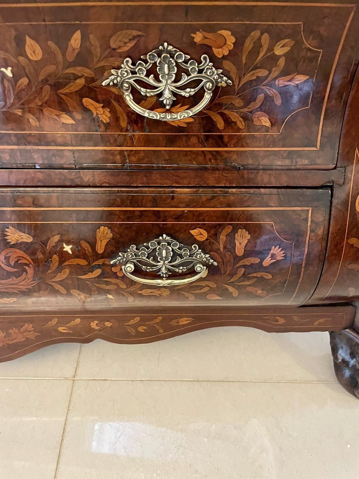 photo buy Antique 18th Century Quality Burr Walnut Floral Marquetry Inlaid Bombe Shaped Bureau