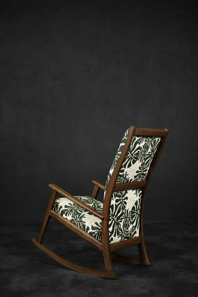 Danish Modern Rocking Chair In Wood And Monstera Leaf Pattern Fabric, 1960s photo Furniture