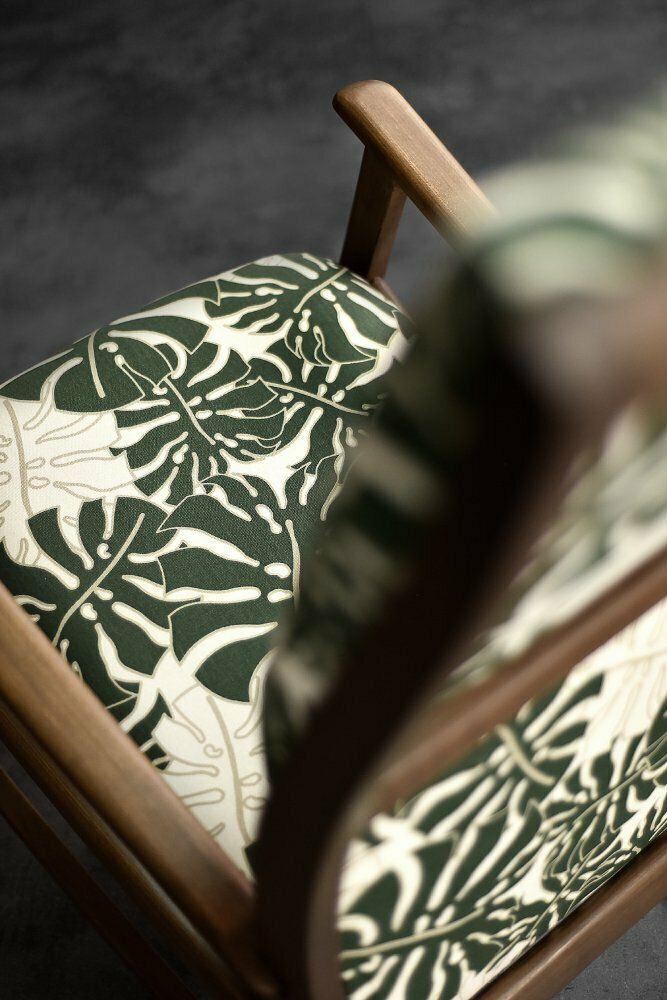 Danish Modern Rocking Chair In Wood And Monstera Leaf Pattern Fabric, 1960s photo 1529.0
