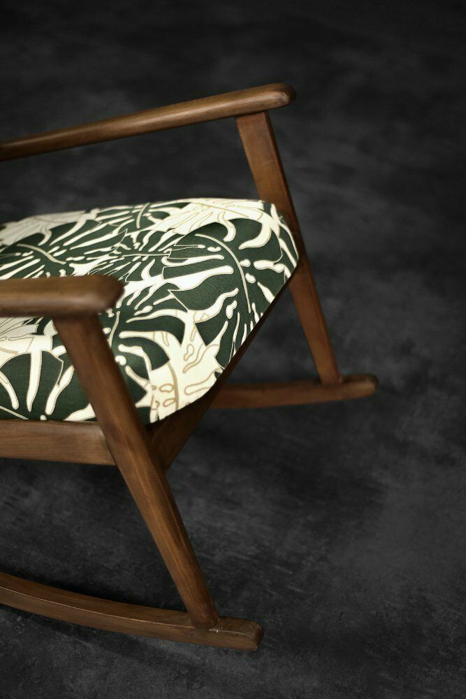 photo buy Danish Modern Rocking Chair In Wood And Monstera Leaf Pattern Fabric, 1960s