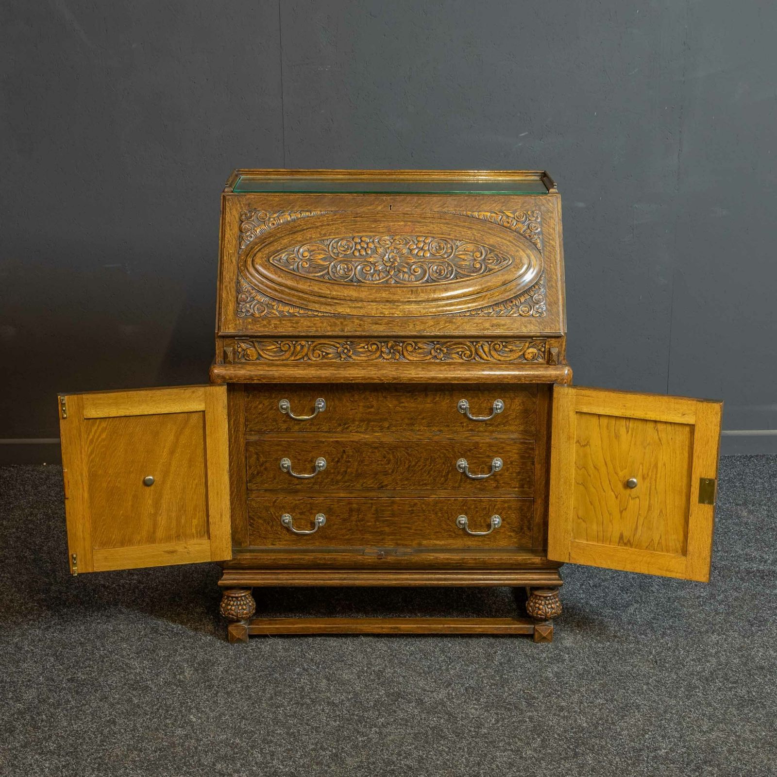 photo for sale Early 20th Century Carved Oak Bureau