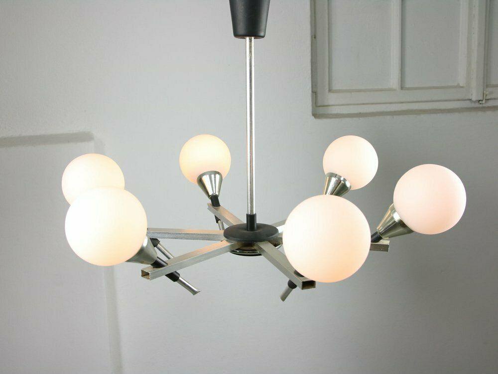Space Age Italian Chandelier In Aluminum And Opaline Glass photo for sale