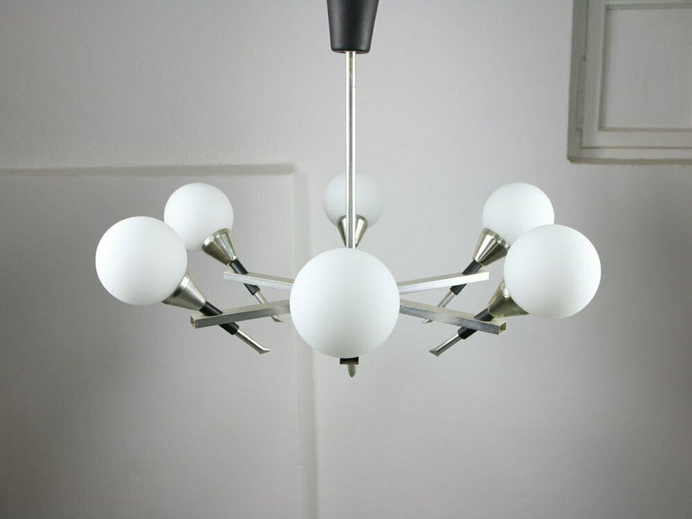 photo for sale Space Age Italian Chandelier In Aluminum And Opaline Glass