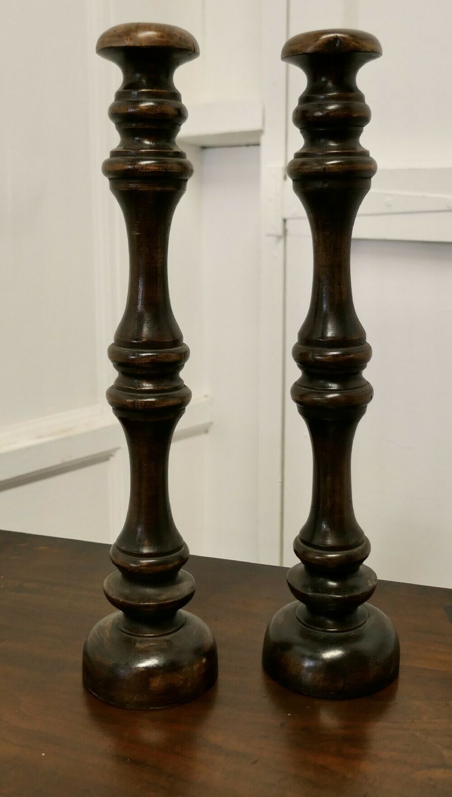 Pair Of Tall French Turned Wooden Wig Stands, Shop Display Hats photo 534.0