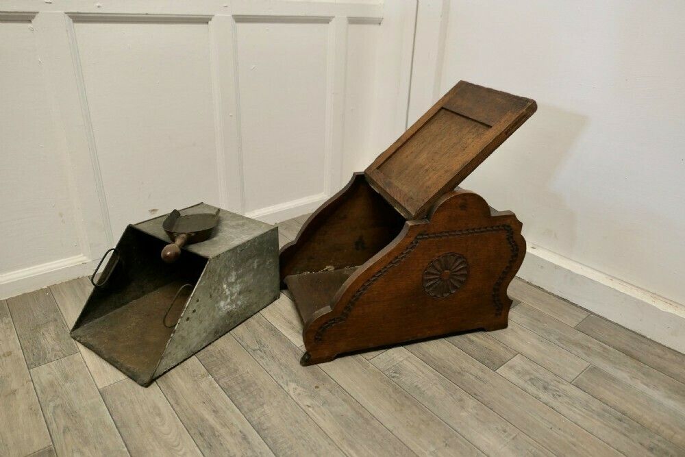A Carved Arts And Crafts Oak Coal Box With Liner And Shovel photo vinterior