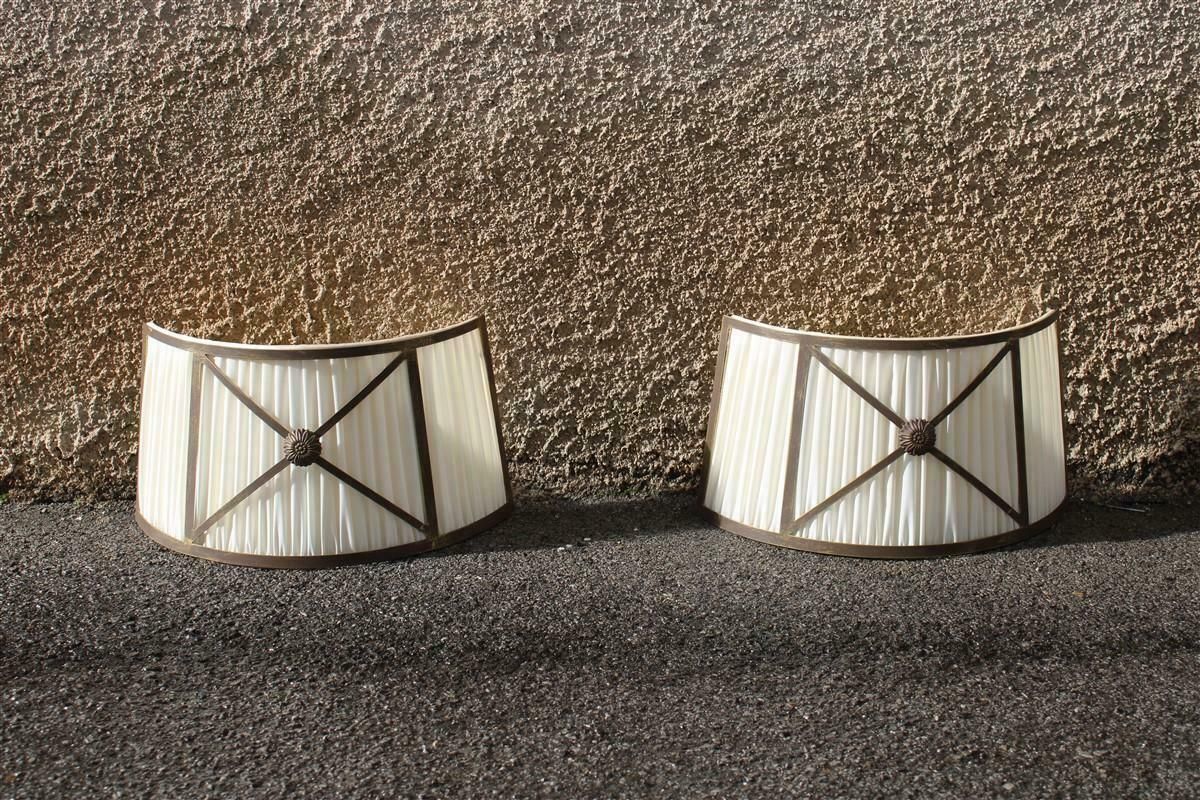Classic Pair Of Curved Wall Lamps In Silk And Brass Parts 1970s Italy photo buy