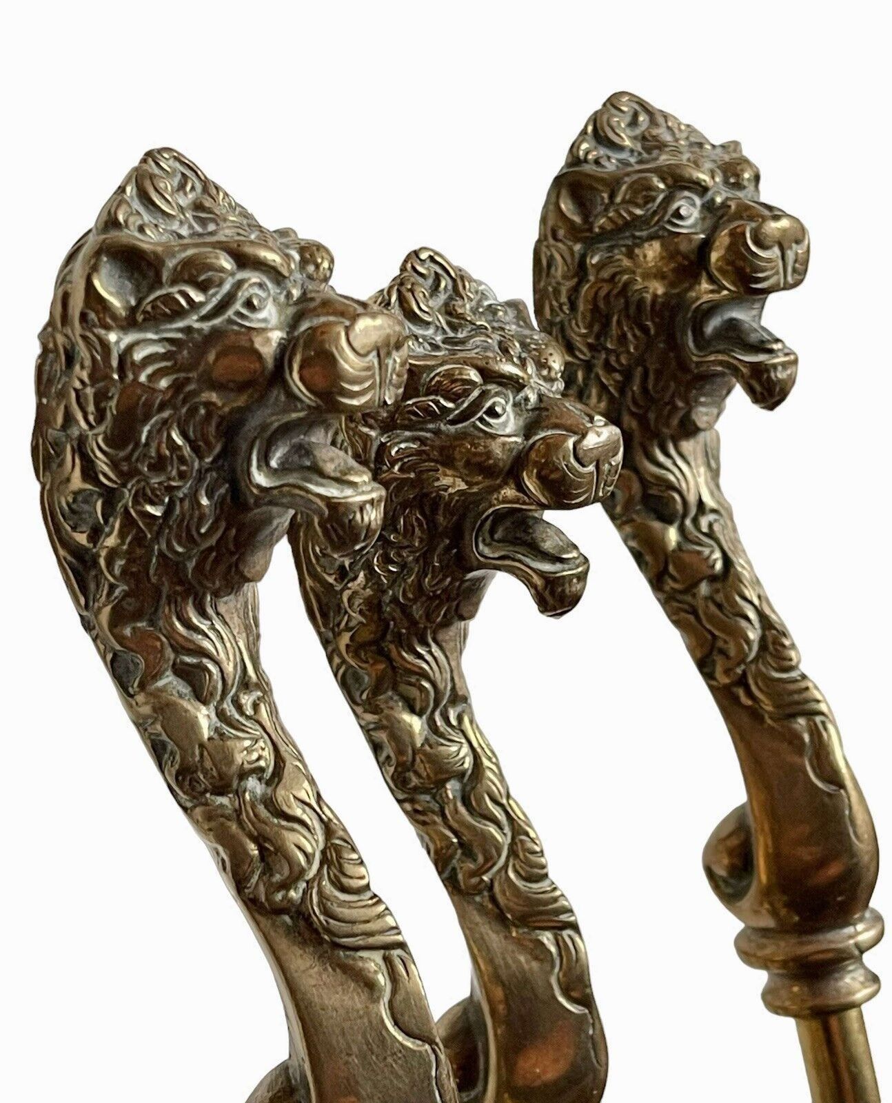 A Set Of Brass Lion Head Fire Irons photo Home Fixtures