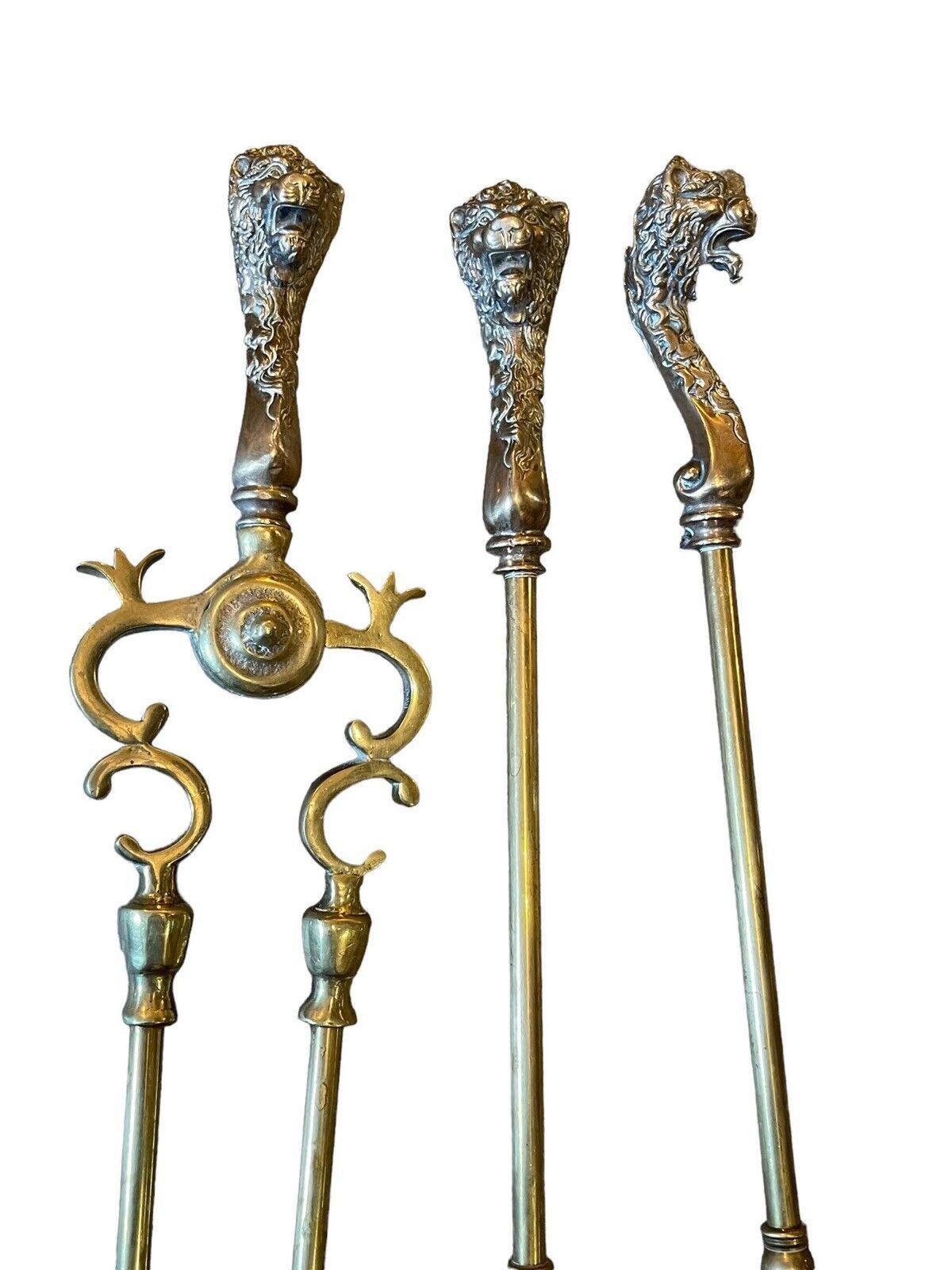 photo for sale A Set Of Brass Lion Head Fire Irons