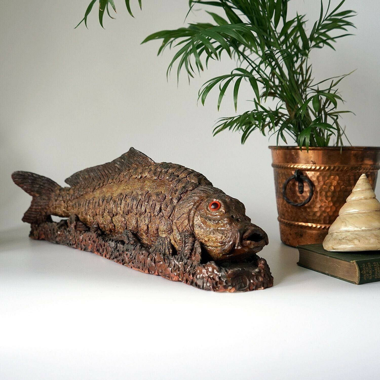 Large Antique Glazed Studio Pottery Ceramic Fish Sculpture, C. 1900 Terracotta Figure photo furniture