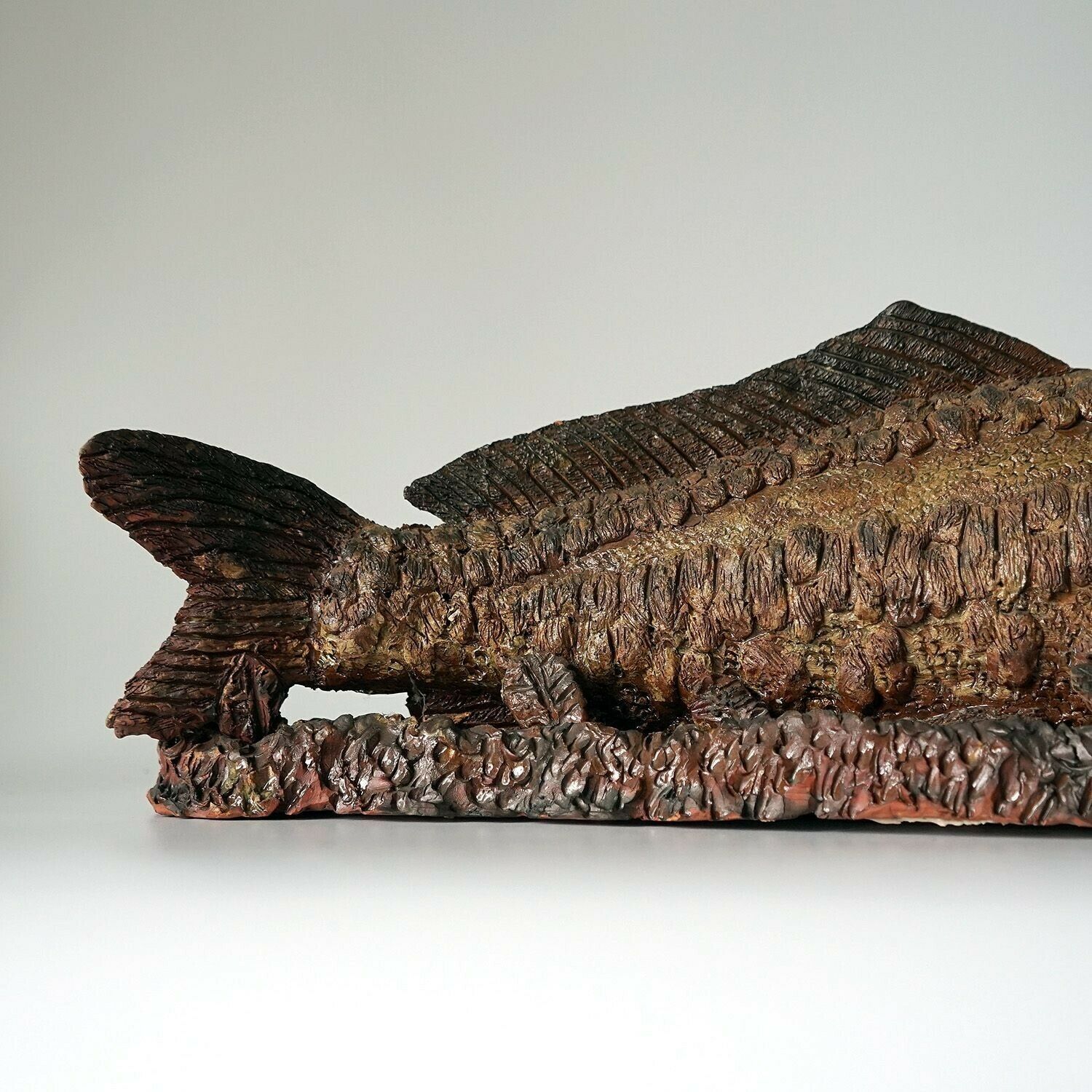 Large Antique Glazed Studio Pottery Ceramic Fish Sculpture, C. 1900 Terracotta Figure photo Art
