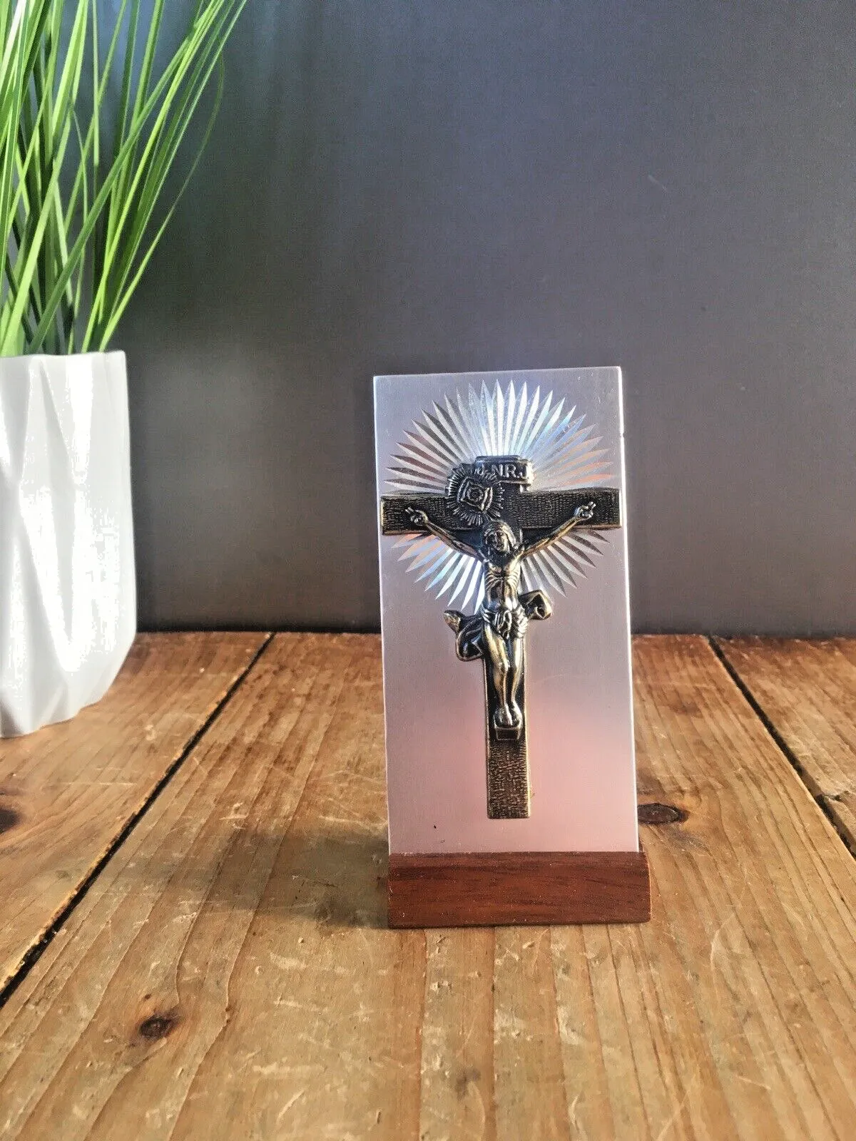 Mid Century Aluminium Teak Icon Desk Item Crucifix Church Cross Jesus Inri Inrj photo Home Decor
