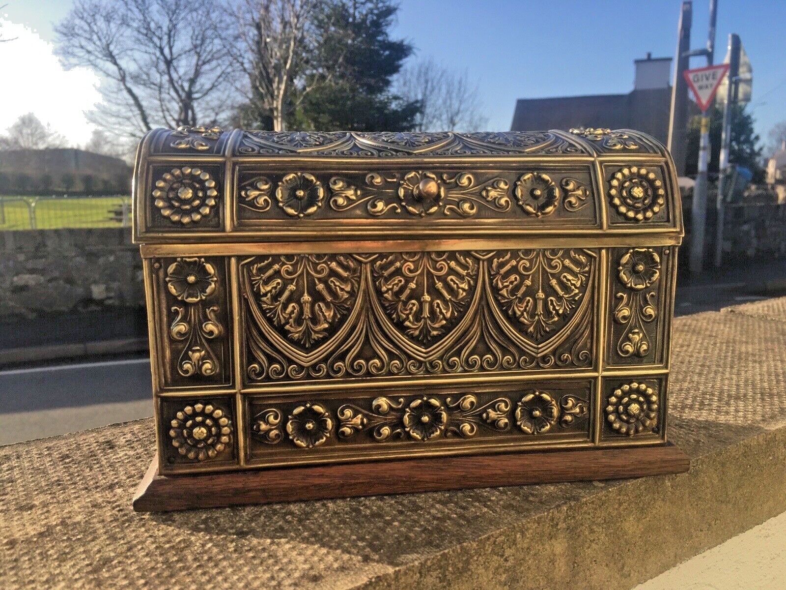Exceptional Ornate Antique Oak Brass Dome Chest Desk Letter Rack Stationary Box photo furniture