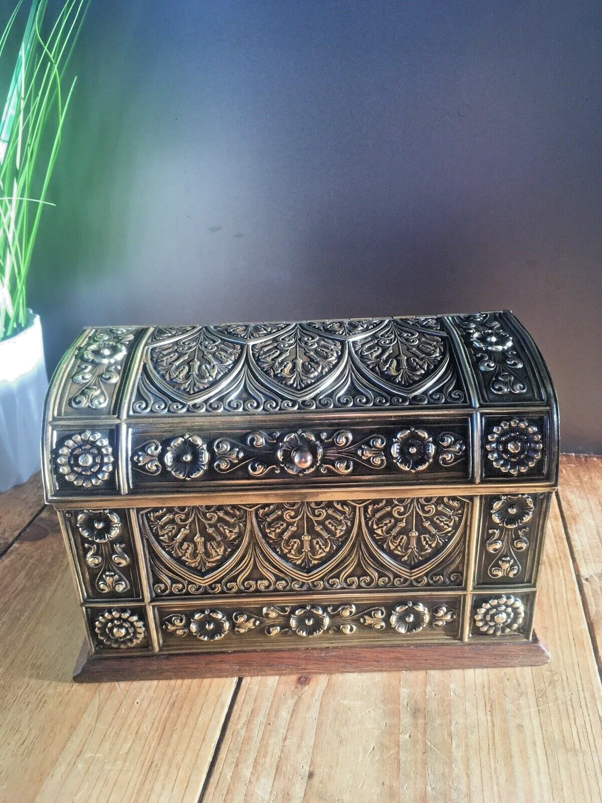 Exceptional Ornate Antique Oak Brass Dome Chest Desk Letter Rack Stationary Box photo 220.0