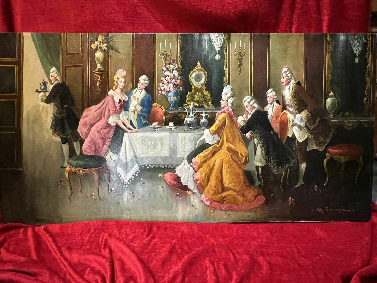 20th Century Rococo Style 'Soirée At Versailles' Oil Painting Signed A Zavaga photo Art