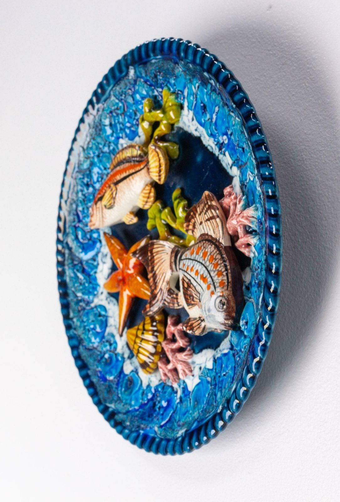 Barbotine Hand Painted Seafood Faience Plate, France, Mid Century photo for sale
