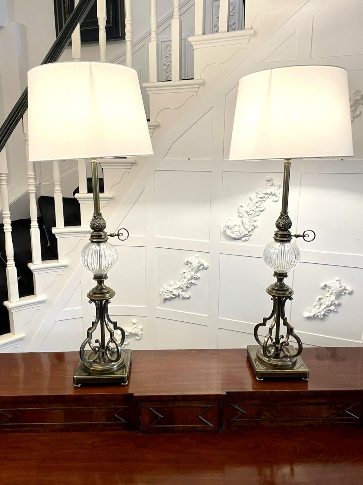 Unusual Tall Pair Of Quality Brass And Glass Lamps