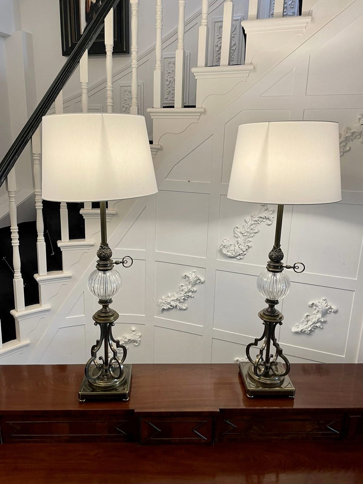Unusual Tall Pair Of Quality Brass And Glass Lamps photo for sale