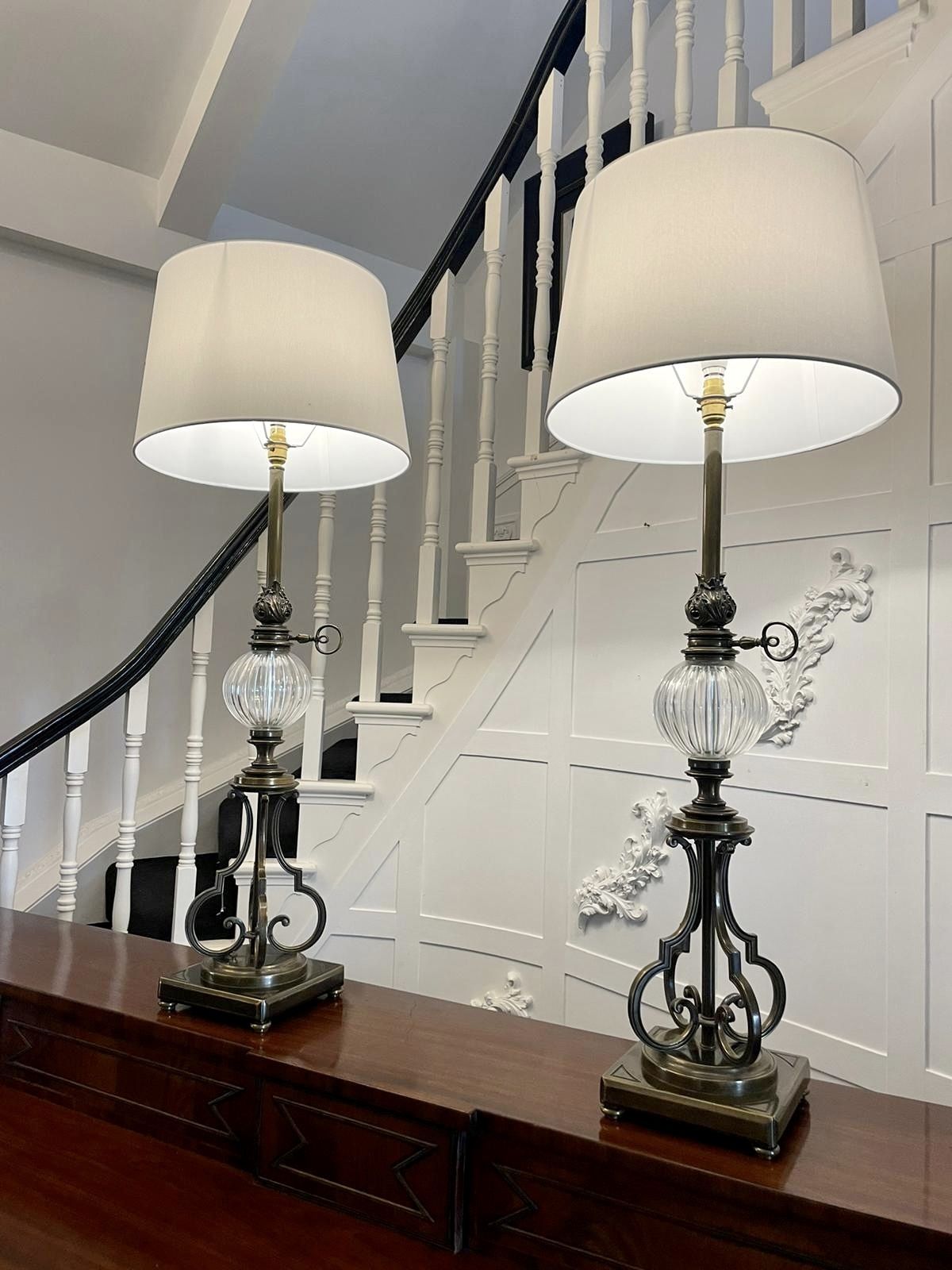 Unusual Tall Pair Of Quality Brass And Glass Lamps photo Lighting