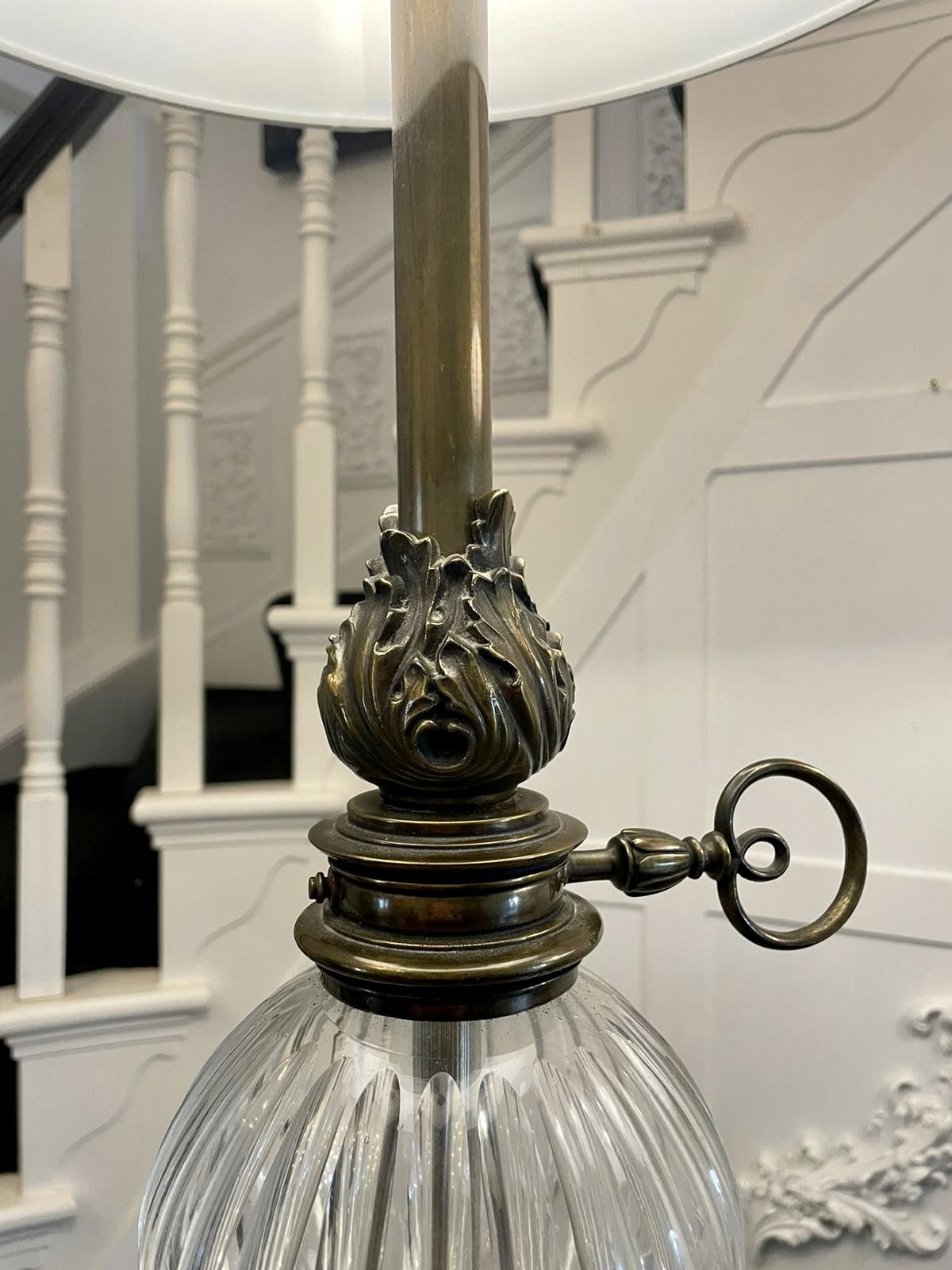 Lighting Unusual Tall Pair Of Quality Brass And Glass Lamps photo