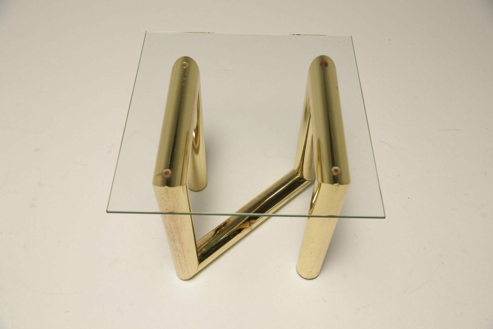 Mid Century 1970s Brass & Glass Zig Zag Z Tubular End Table photo vintage