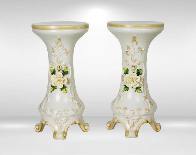 1950s Capodimonte Italy Pair Of Jardinières On Pedestal Stands With Appliqué Flowers photo for sale