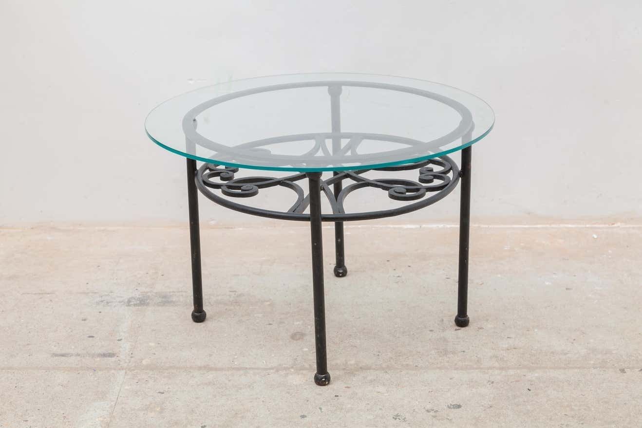Wrought Iron Round Coffee Table, Glass Top 1960s France photo for sale