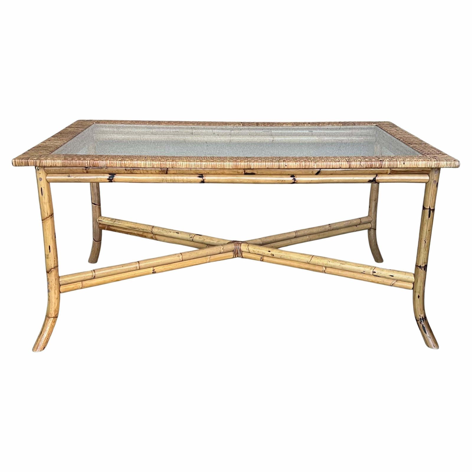 Table à manger espagnole en bambou, plateau en verre, années 1980