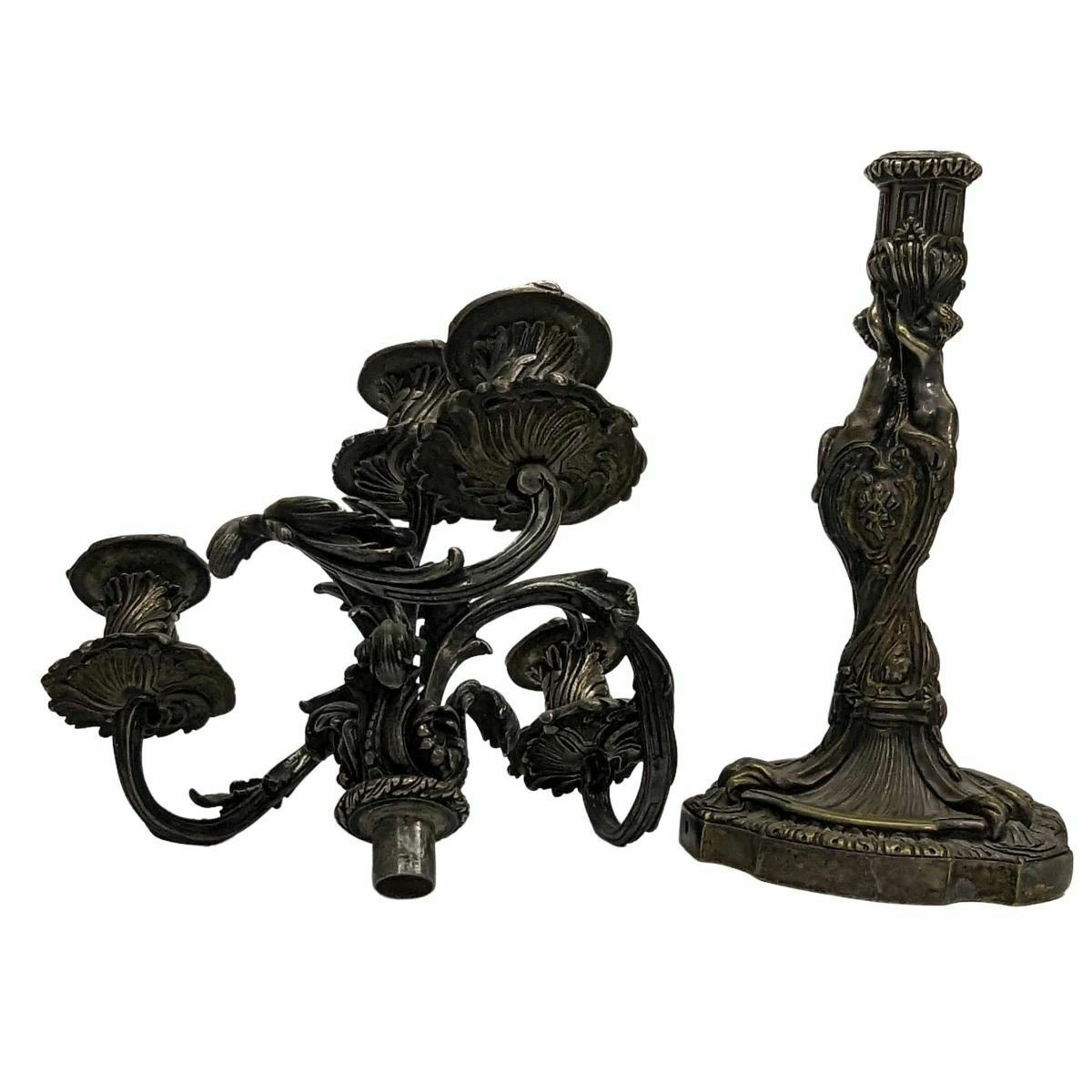 photo for sale Pair Of Silvered Bronze Candlesticks With 19th Century Cherubs