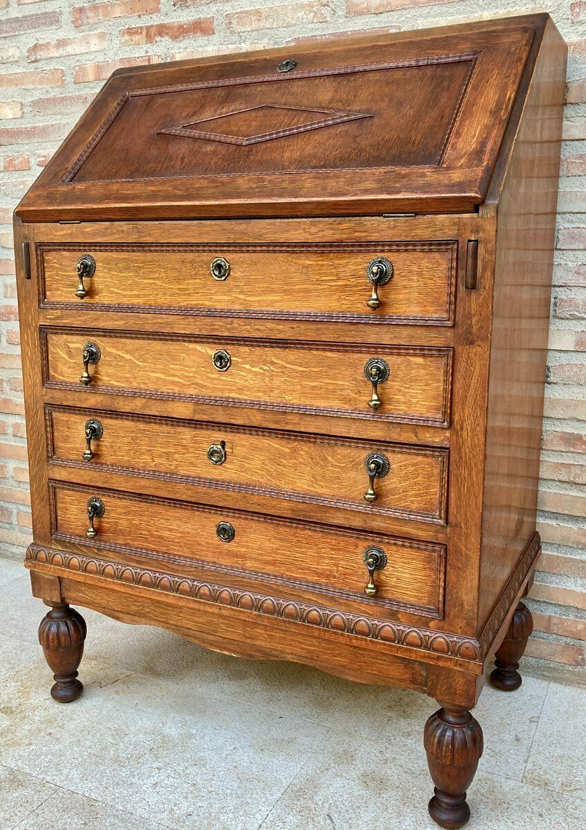 Vintage French Carved Secretaire In Oak 1940s photo Furniture