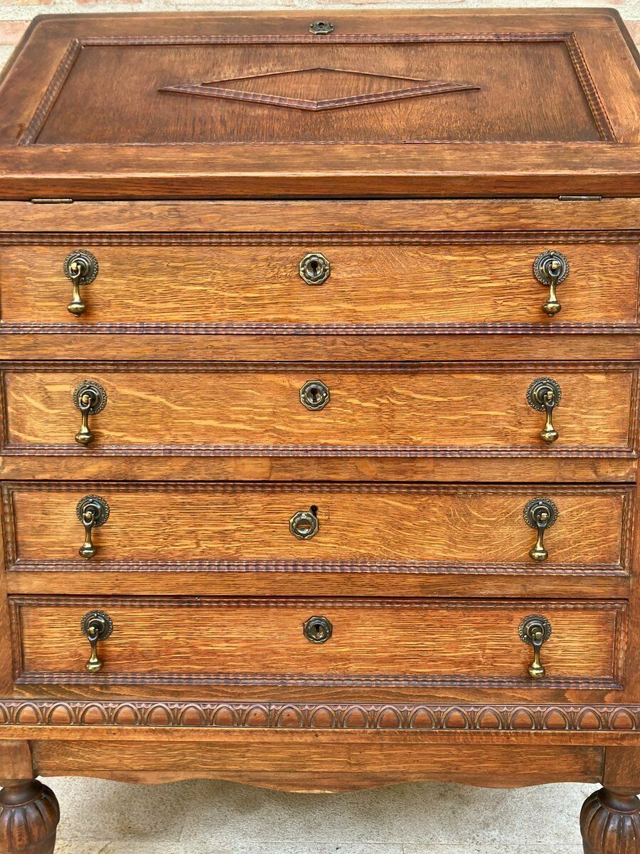Vintage French Carved Secretaire In Oak 1940s photo vintage