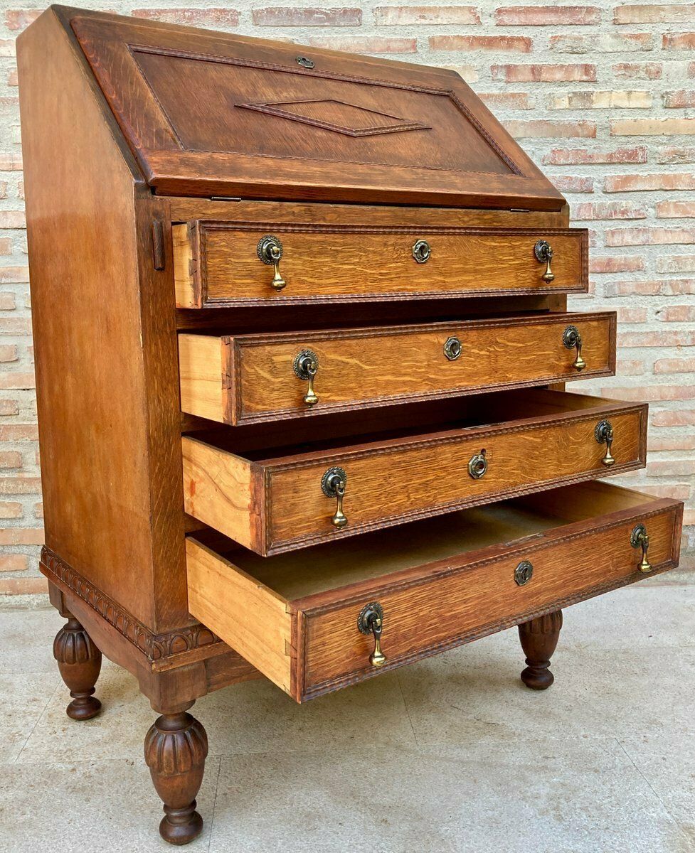 3626.0 Vintage French Carved Secretaire In Oak 1940s photo