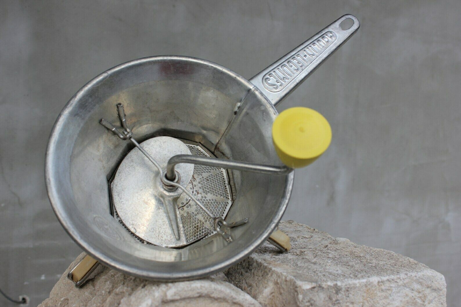 French Hand Food Mill Moulin Legumes, Metal Kitchen Utensil For Mashing Soft Foods photo for sale