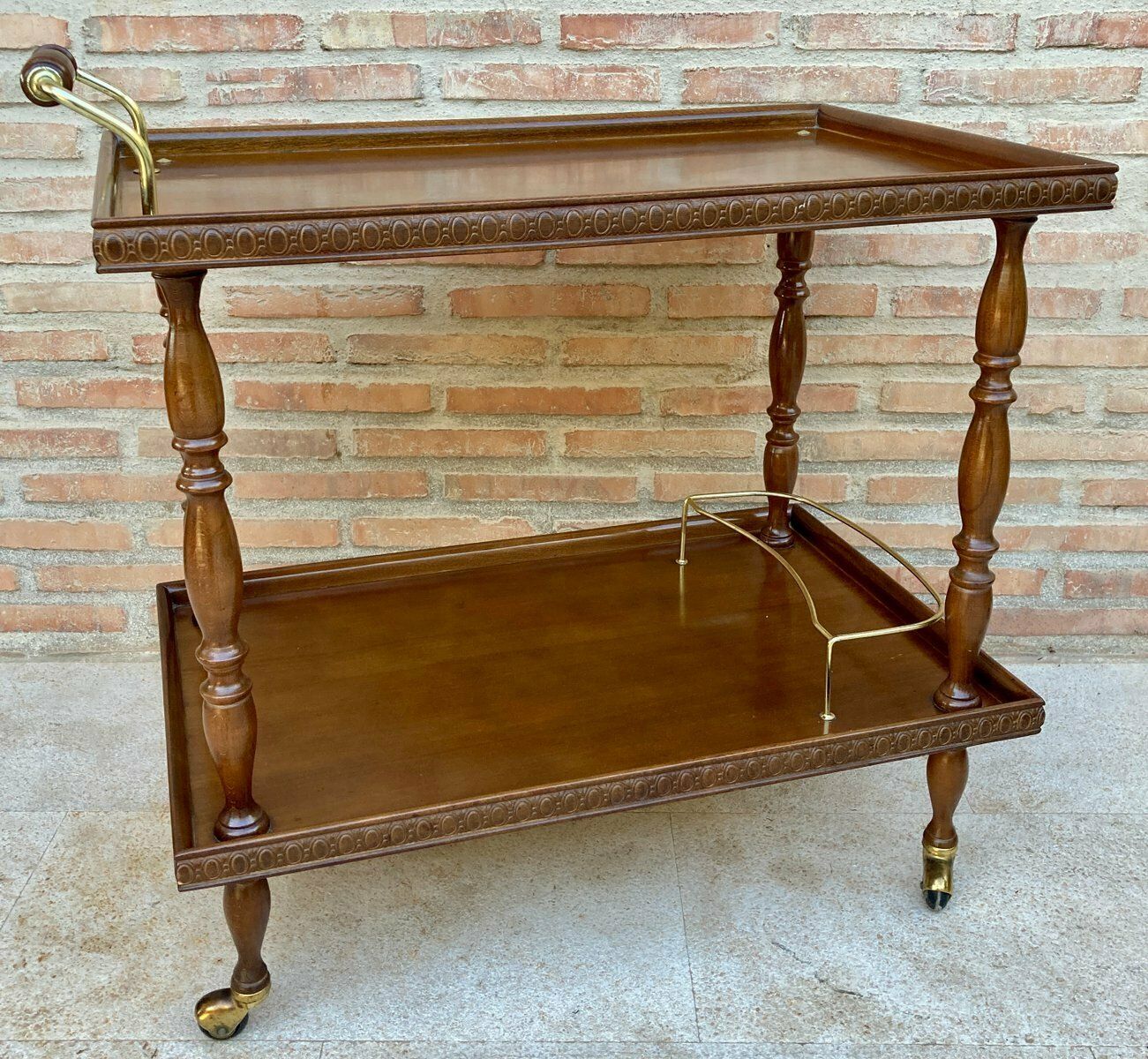 Mid Century French Mahogany And Brass Serving Bar Cart 1960s photo for sale