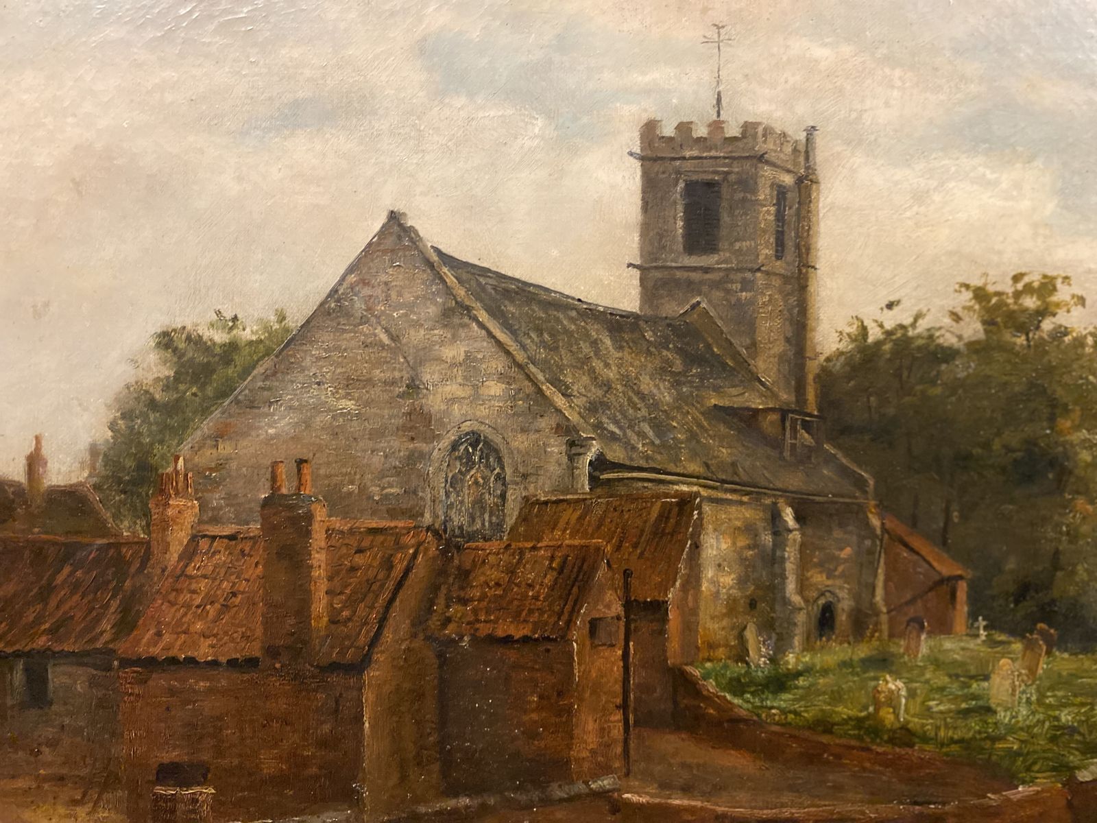 Oil Painting   A Picturesque Village Church 19th Century Landscape Canvas photo for sale