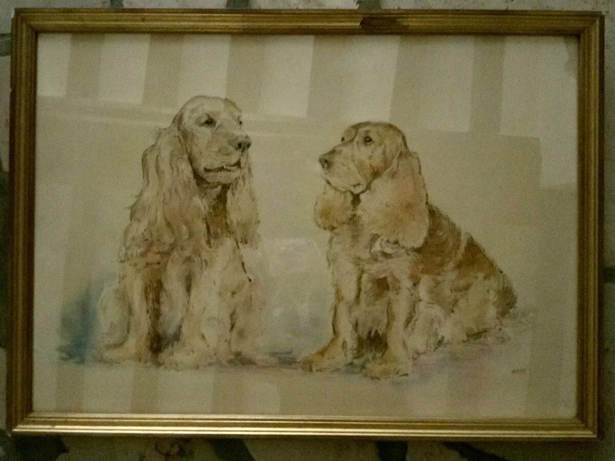 Watercolor Couple Of Dogs, Early 20th Century photo furniture