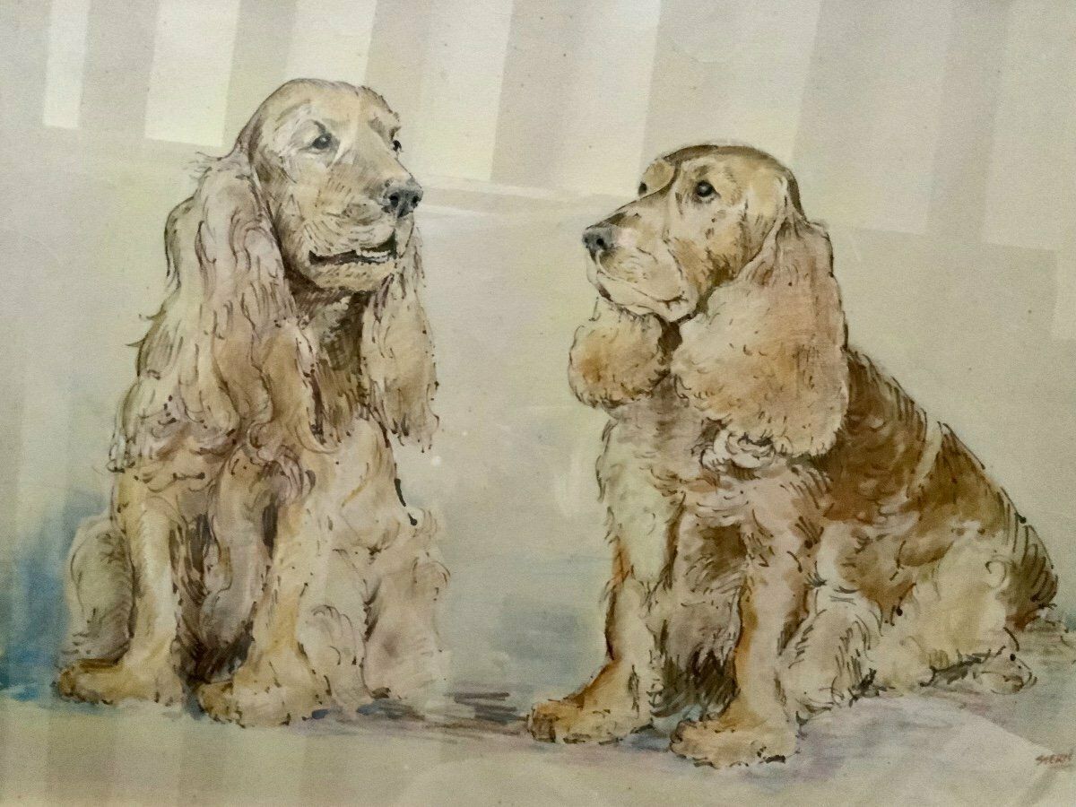 photo furniture Watercolor Couple Of Dogs, Early 20th Century