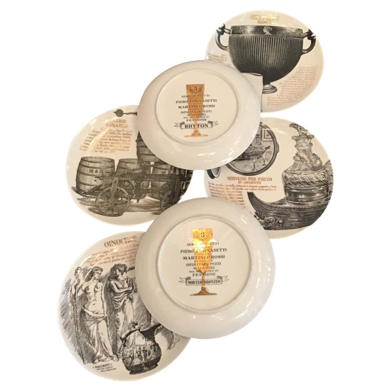Fornasetti Set Of 6 Plates For Martini And Rossi Porcelain, 1970, Italy
