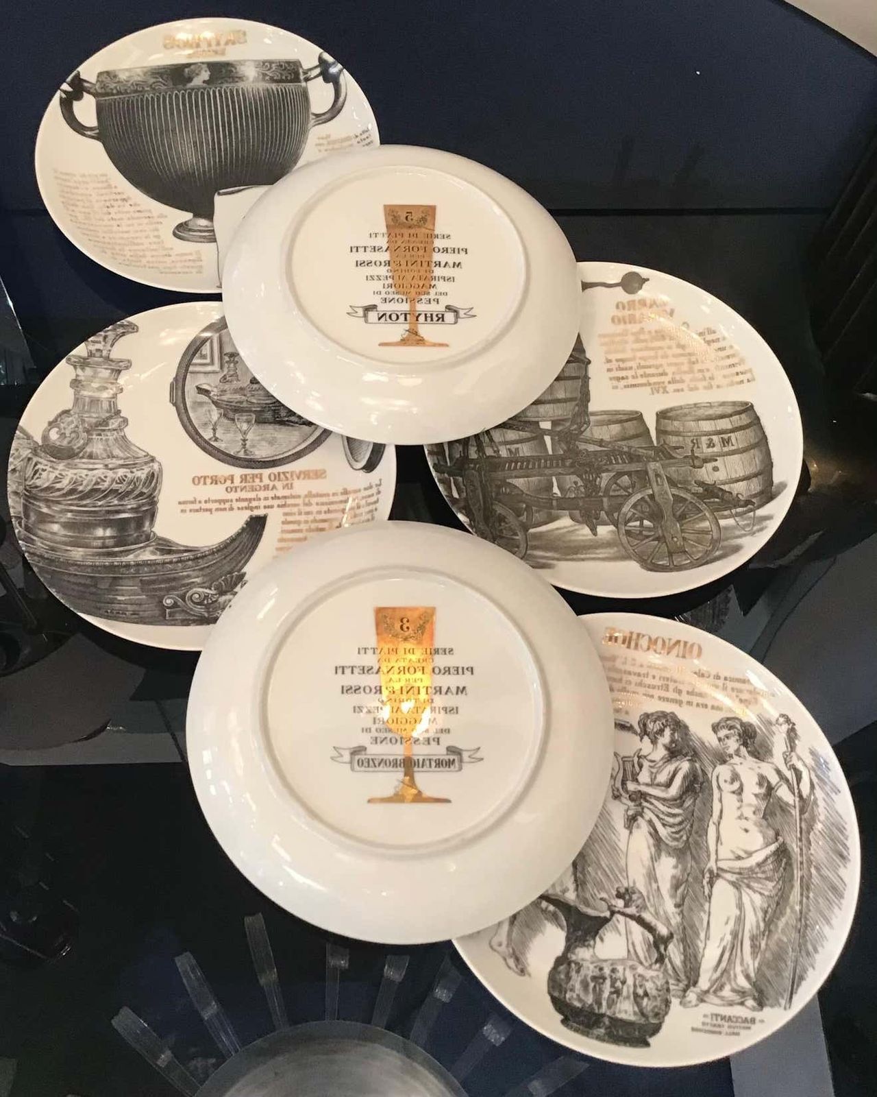Fornasetti Set Of 6 Plates For Martini And Rossi Porcelain, 1970, Italy photo for sale