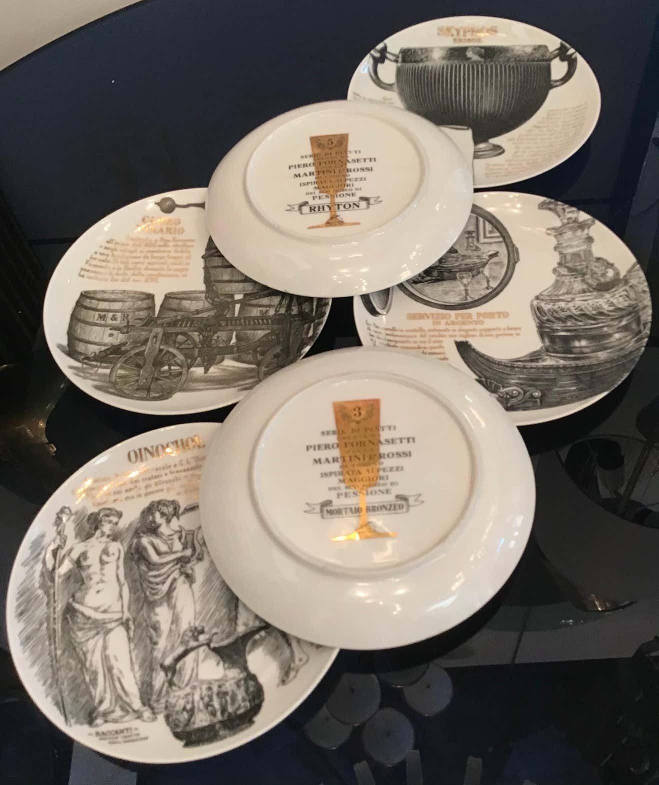 Fornasetti Set Of 6 Plates For Martini And Rossi Porcelain, 1970, Italy photo buy